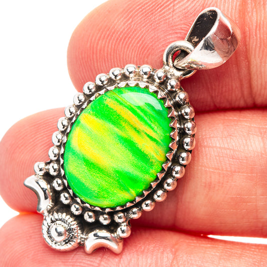 Sterling silver opal pendant with bright green round cabochon and beaded edge