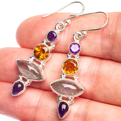 Sterling silver drop earrings with purple amethyst, orange citrine, gray labradorite marquise and teardrops