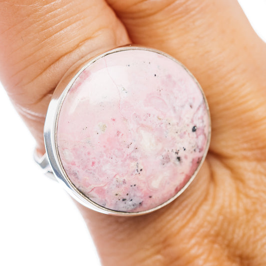 Rhodonite cabochon ring in .925 sterling silver, oval pink gemstone close-up