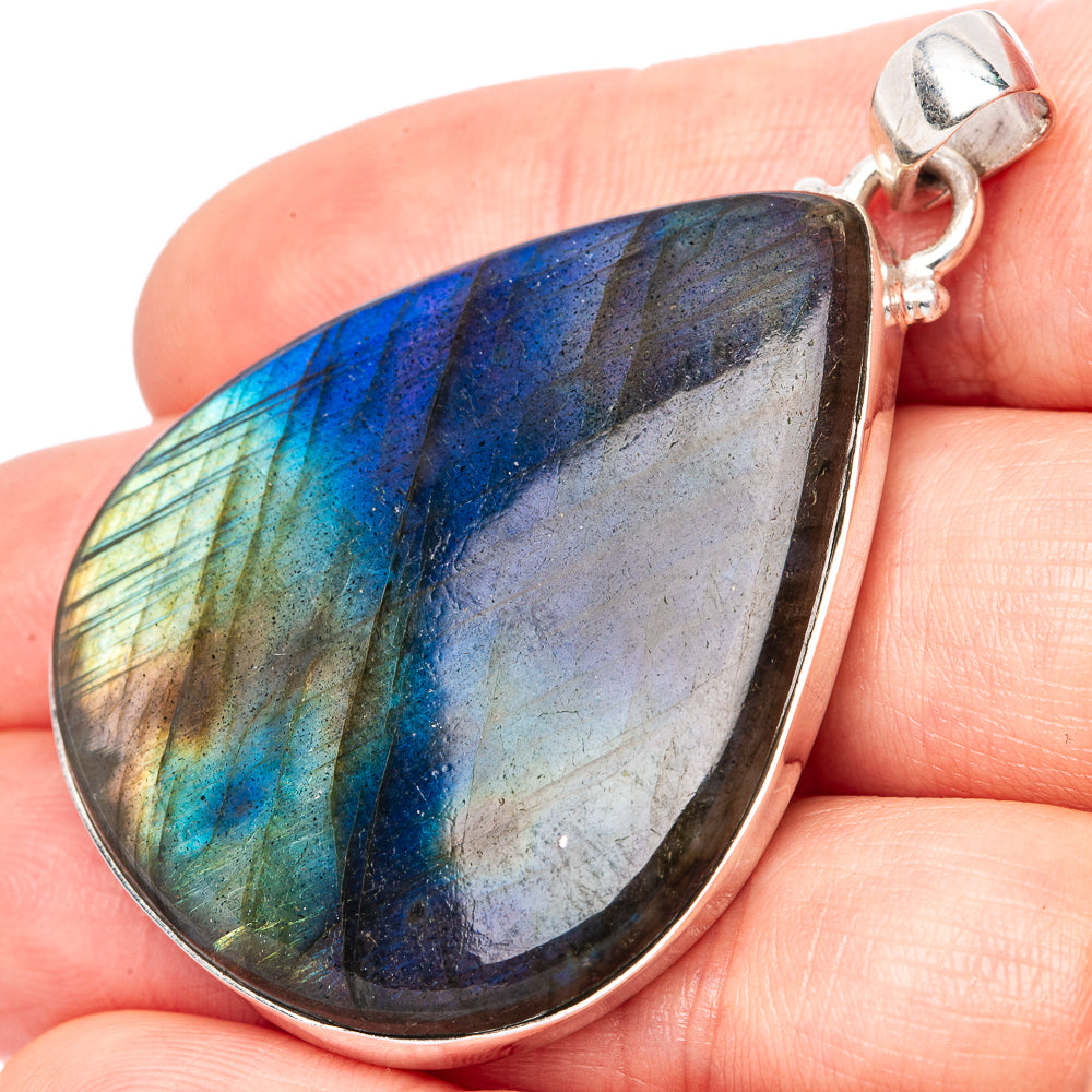Labradorite teardrop pendant, 925 sterling silver bezel with blue-green iridescence