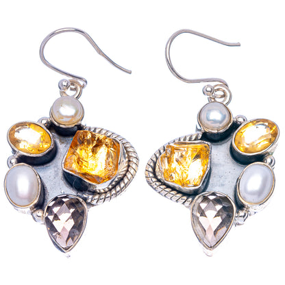 Premium Rough Citrine, Smoky Quartz, Cultured Pearl Earrings 1 5/8" (925 Sterling Silver) E1813