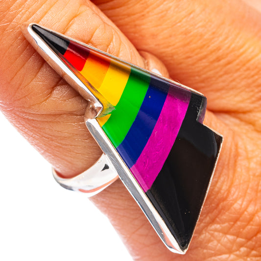 Rainbow bolt ring in .925 sterling silver with multicolor stripe top