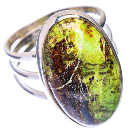 Oval gaspeite stone sterling silver ring, bright green and dark brown mottled cabochon