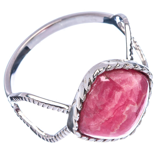 Rhodochrosite sterling ring, pink oval gemstone cabochon in raised bezel, split rope band