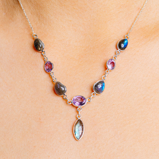 Sterling silver necklace with labradorite and amethyst multistone teardrop pendants