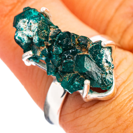 Sterling silver raw dioptase ring, size 7.25, dark green crystal with metal prongs