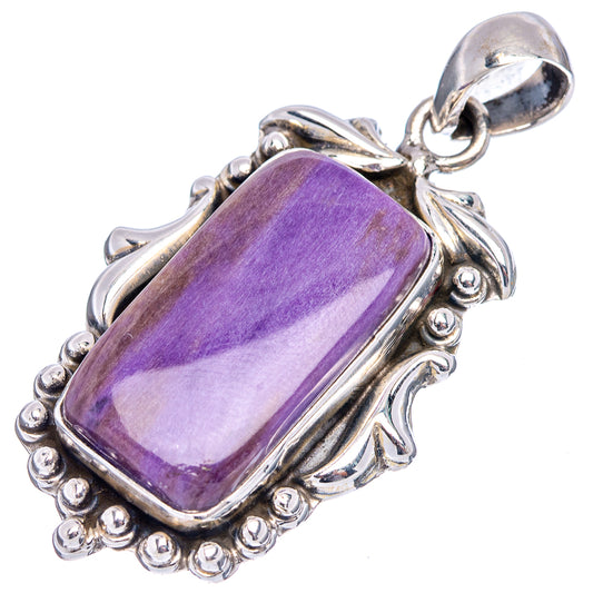 Charoite pendant in .925 sterling silver, purple rectangular cabochon with side scroll detail