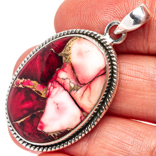 Oval red and pink inlay pendant with rope-edged .925 silver bezel and top bail