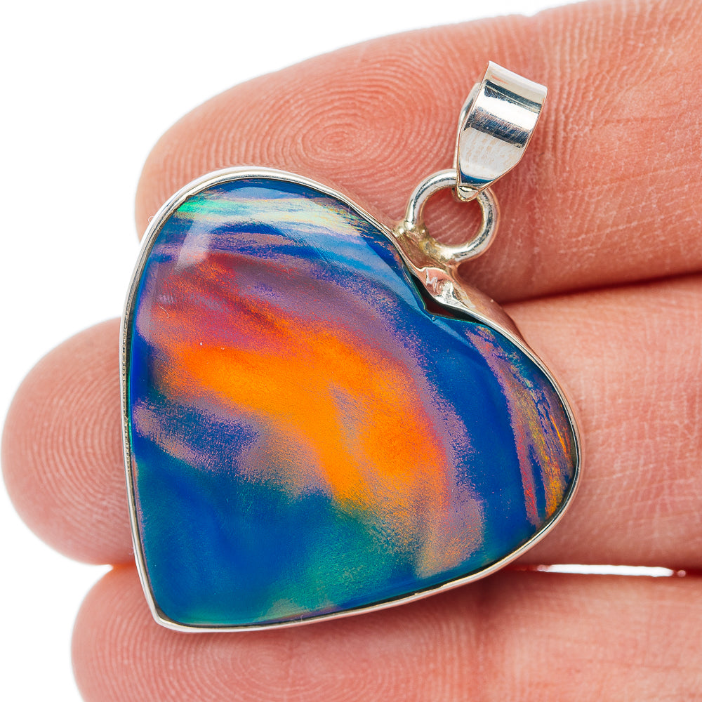 Heart opal pendant in .925 sterling silver with blue, orange, and green stone