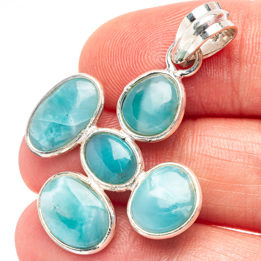 Oval larimar stone cluster pendant in .925 sterling silver bezel settings
