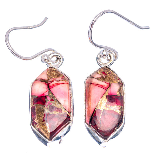 Sterling silver fishhook drop earrings, oval marbled red pink purple with gold flecks