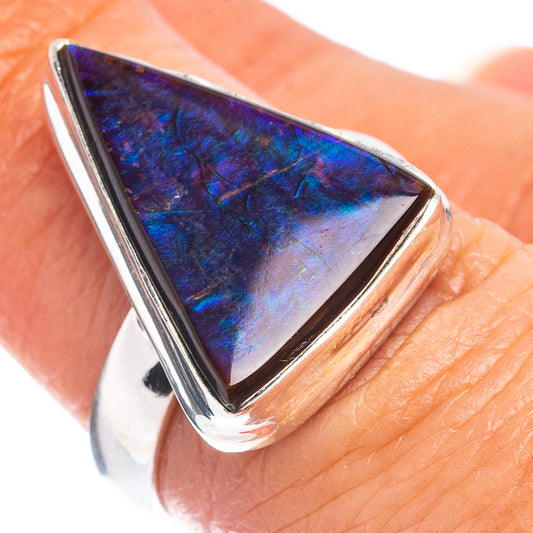 Sterling silver ring with triangular blue-purple ammolite centerpiece