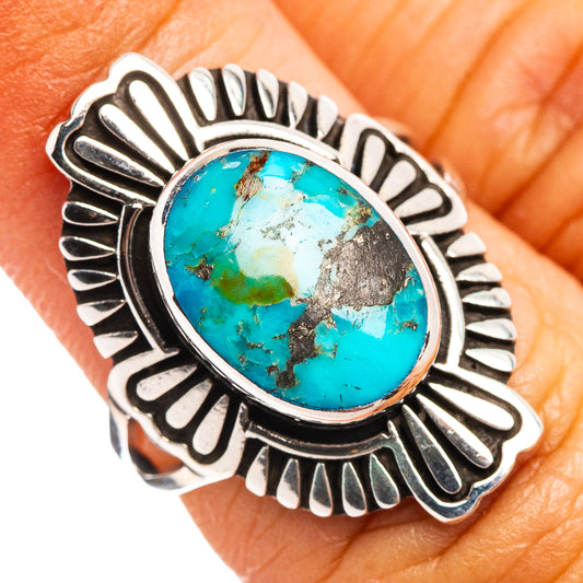 Turquoise oval statement ring with ornate silver bezel, .925 sterling band