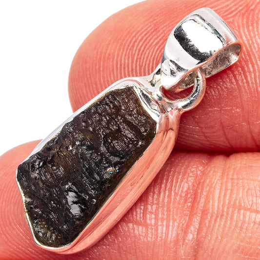 Rare Moldavite pendant in .925 sterling silver bezel, dark rough stone with speckled finish