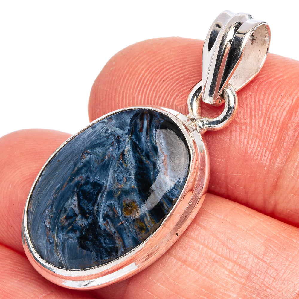 925 sterling silver pietersite pendant with oval blue stone and hinged bail