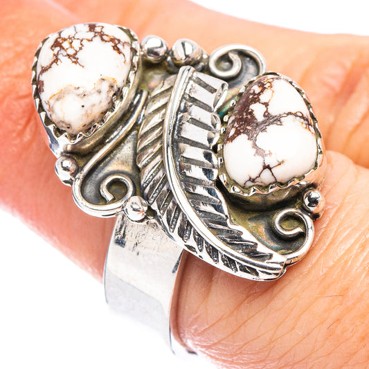 Adjustable sterling silver ring with two oval wild horse jasper stones and engraved leaf design