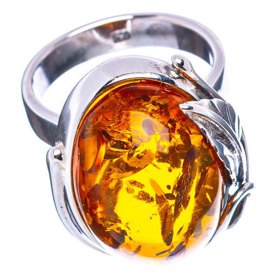 Polished amber leaf oval ring in .925 sterling silver, adjustable band