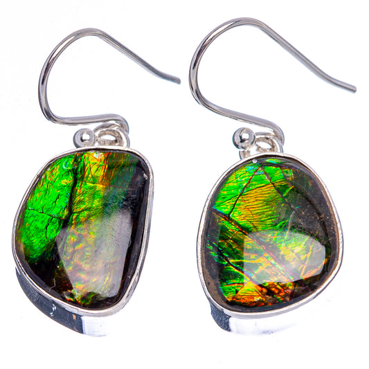 Sterling silver ammolite oval drop earrings with bright green and rainbow iridescence