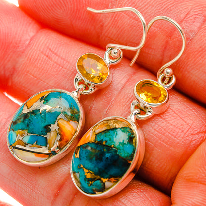 Spiny Oyster Turquoise, Citrine Earrings 1 5/8" (925 Sterling Silver) EARR432004