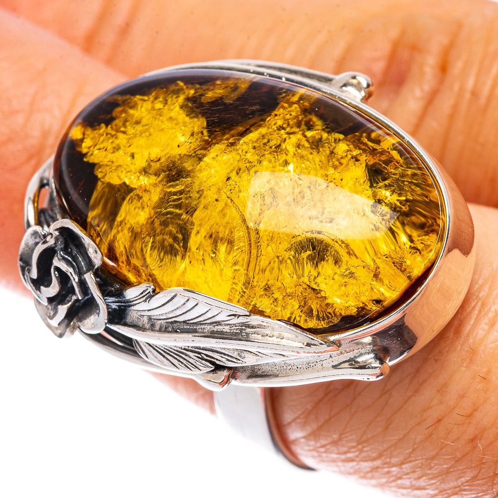 Amber rose ring in 925 sterling silver with oval Baltic amber stone