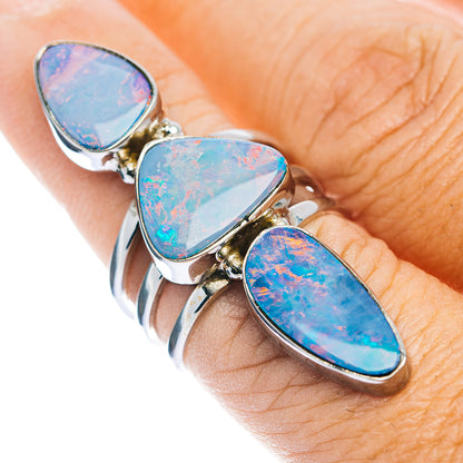 Sterling silver opal ring with three blue oval/pear triplet stones, bezel set