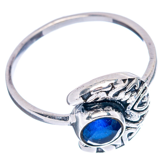 Sterling silver moon ring with blue gemstone and ornate band, size 6.75
