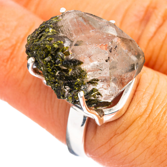Raw epidote quartz ring, .925 sterling silver bezel with clear quartz and green mineral