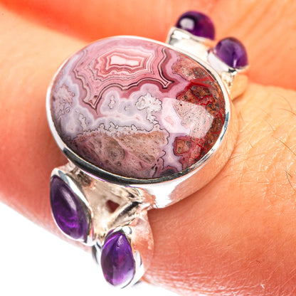 Crazy Lace Agate, Amethyst 925 Sterling Silver Ring Size 8