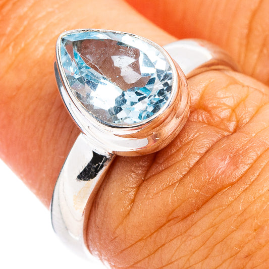 Oval faceted blue topaz sterling silver ring, size 6.75