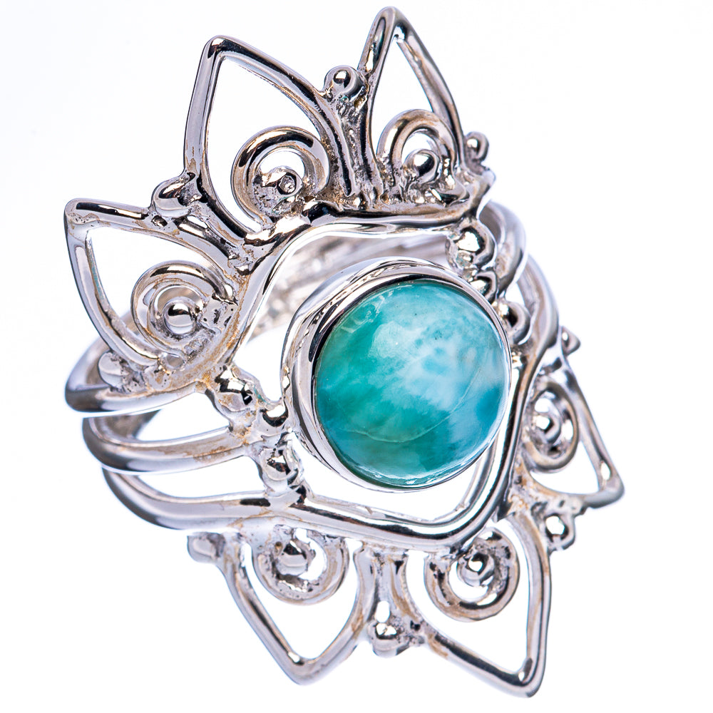 Sterling silver 925 ring with round turquoise-blue larimar cabochon, openwork filigree