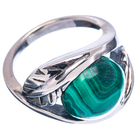 Sterling silver malachite oval ring with engraved band and green stone in bezel