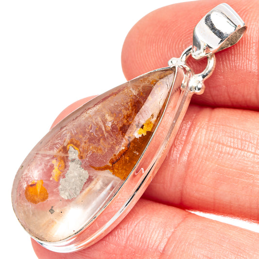Teardrop quartz pendant in .925 sterling silver with amber and gray speckled inclusions