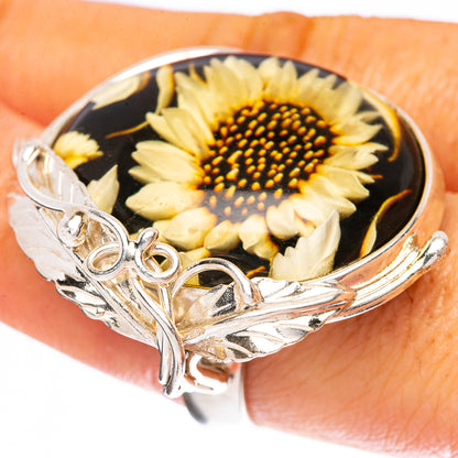 Amber Intaglio Sunflower Ring Size 8 Adjustable (925 Sterling Silver) R3823