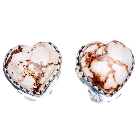 Pair of heart stud earrings with white-and-brown mottled jasper in silver bezels