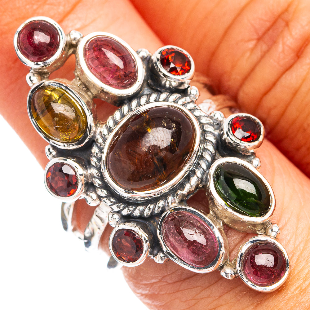 Sterling silver multi-color tourmaline ring with oval amber, green, and red stones