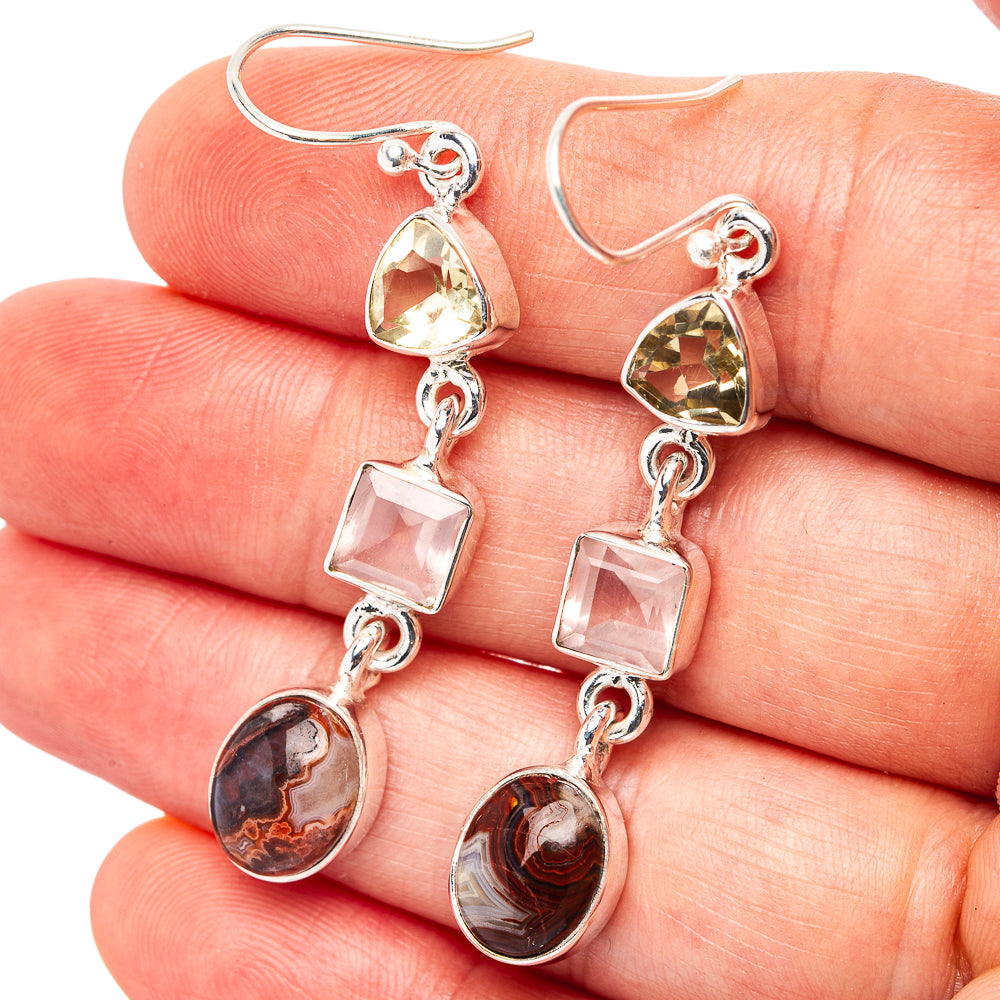 Premium Crazy Lace Agate, Rose Quartz, Lemon Quartz Earrings 2 1/8" (.925 Sterling Silver)