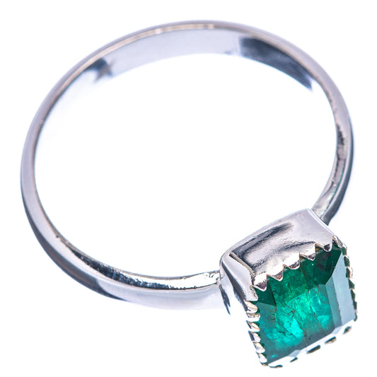 Sterling silver ring with square teal-green faceted emerald, side profile with bezel
