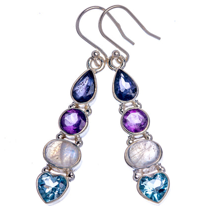 Silver dangle earrings with pear-cut gems: blue topaz, amethyst, rainbow moonstone