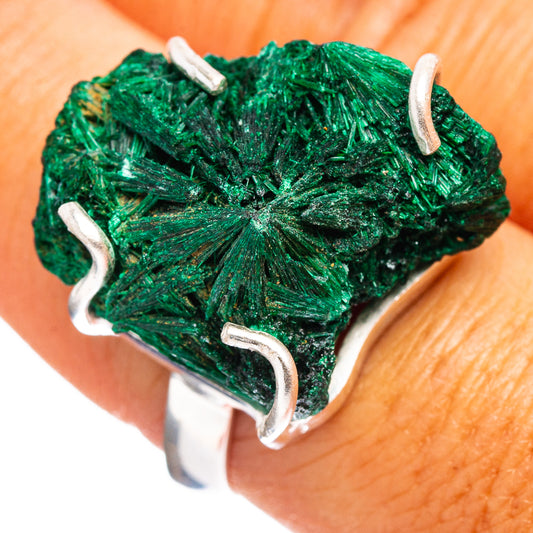 Rough green malachite ring with three silver open prongs, sterling silver band