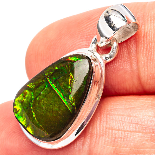 Oval green iridescent ammolite pendant in polished 925 sterling silver setting