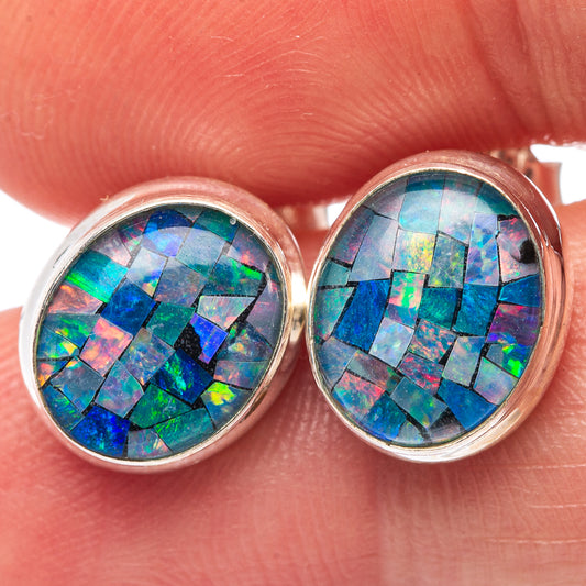 Round opal inlay stud earrings, .925 sterling silver bezel, iridescent blue-green mosaic