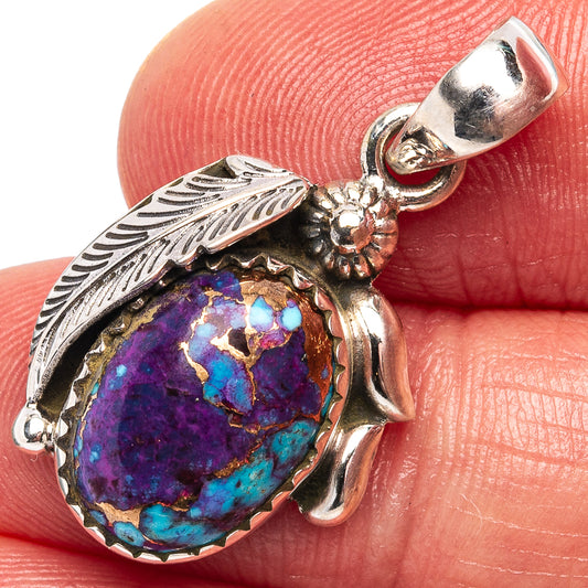 Oval purple turquoise cabochon pendant with .925 sterling silver leaf setting
