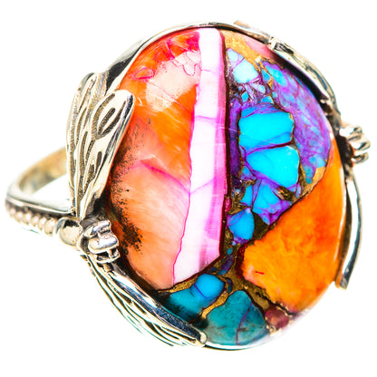 Sterling silver ring with oval multicolor inlay stone and leaf scrollwork band