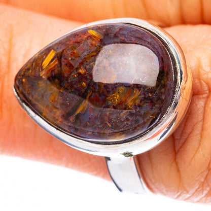 Oval cabochon rare cacoxenite ring with polished silver bezel, size 7.