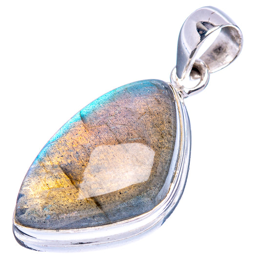 Labradorite teardrop pendant with .925 sterling silver frame and loop bail, angled view