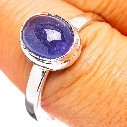 Round purple tanzanite cabochon ring in .925 sterling silver, size 9