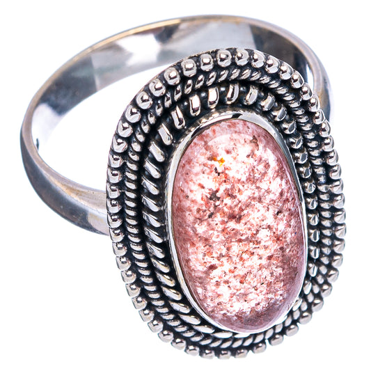 Oval sunstone ring in .925 sterling silver, red textured stone, stacked bead frame