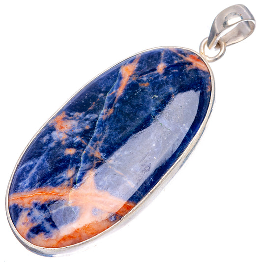 Sodalite oval pendant with blue field and orange streaks, .925 sterling silver bail