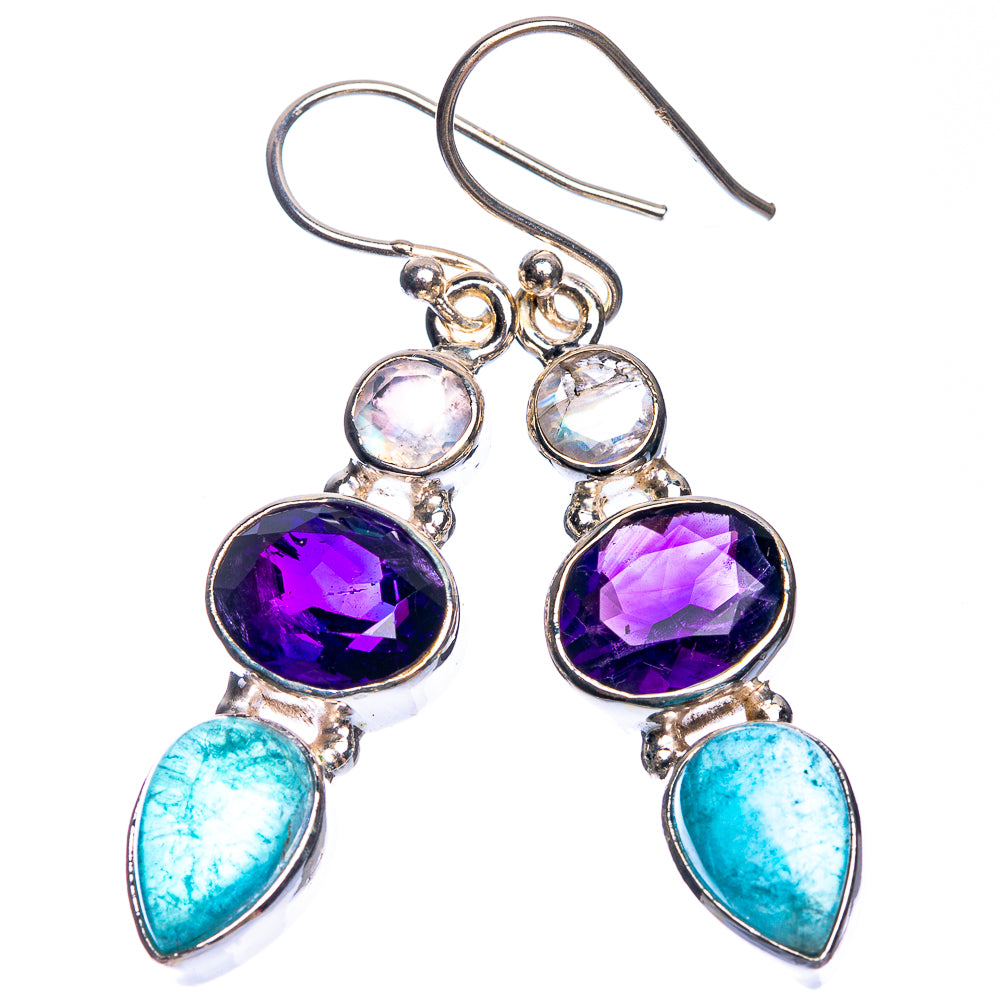 Sterling silver dangle earrings with faceted purple stone, opal rounds, and aqua pear gemstones