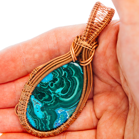 Malachite In Chrysocolla Wire Wrap Pendant 2 7/8" (Copper)